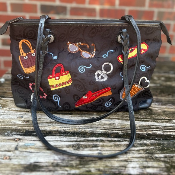 BRIGHTON Black Embroidered Shoulder Tote Handbag Purse Two Handle Zip Closure C4 - Picture 3 of 15